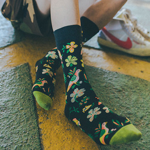 欧美风潮牌袜子ins个性涂鸦撞色系列花朵鸟图案街头长袜男女棉袜