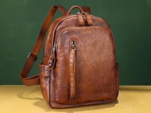 美国Backpack㊣ 手作铆钉拼色风格复古皮革休闲学院双肩背包