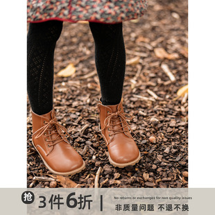 史豌豆(史豌豆)童装女童靴子，内里短毛绒系带棕色，皮靴2023冬季儿童短靴