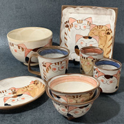 日本进口有田烧手绘招财猫，饭碗茶杯盘釉下彩可微波炉