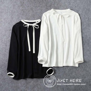 日本2023秋女士白色飘带立领百搭通勤衬衫外贸原单优雅长袖雪纺衫