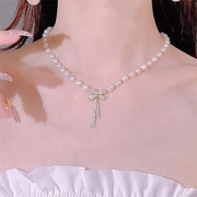 新娘项链韩式甜美珍珠蝴蝶结颈链百搭气质蛇骨链结婚礼造型配饰品