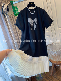 DHR 蝴蝶结爱心今年流行漂亮假两件百褶拼接连衣裙长裙子春夏