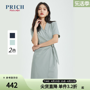 PRICH连衣裙夏款气质优雅腰部抽褶设计V领职场商务短袖裙子