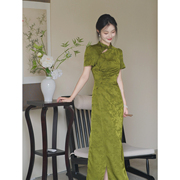 tyang贰羊设计清词国风新中式，气质绿色竹子盘扣，旗袍连衣裙女
