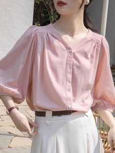 法式春秋粉色七分袖宽松雪纺衬衫女士设计感小众V领上衣夏季