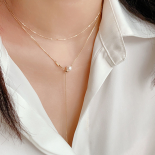 漂亮~韩国纯14k金项链，女盒子链珍珠，可抽拉调节毛衣链长项链礼物