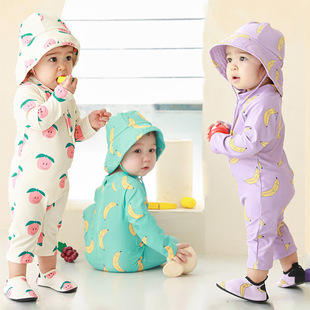 韩国儿童泳衣女童连体，长袖防晒泳装，ins男童0-7婴儿游泳衣泳帽