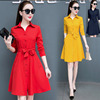 连衣裙2023夏中长款女装，中国红风衣，系腰带有口袋的衬衫裙
