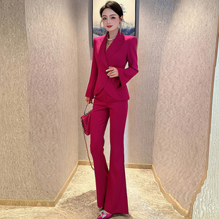 玫红色西装套装女2023秋冬设计感小众修身商务职业正装两件套