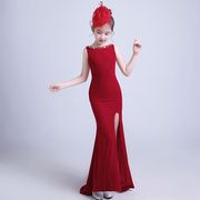 红色儿童模特走秀晚礼服，鱼尾开衩舞台表演服长款露背女童公主裙