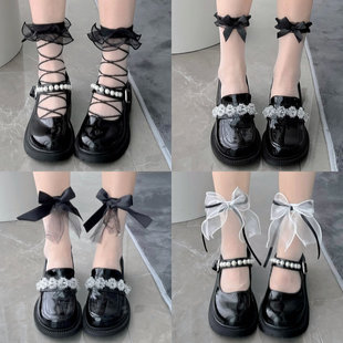 黑色透明玻璃丝袜夏天薄款日系lolita甜美蝴蝶结花边短袜jk中筒袜