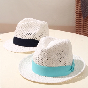 夏天锥形男女士卷边小礼帽，白色小清新遮阳度假沙滩太阳草帽