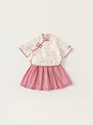 儿童汉服女童新中式碎花，两件套粉色宝宝旗袍半裙