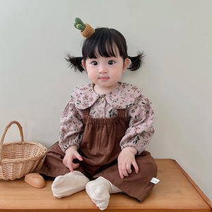 韩版婴儿衣服春秋套装，女宝宝洋气，碎花上衣背带裤两件套婴幼儿爬服