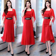 今年流行红色裙子2024年女装，夏季长裙气质时尚夏装雪纺连衣裙
