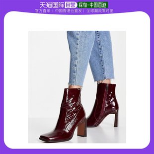 香港直邮潮奢asos女士，embrace设计宽版皮质，高跟方头酒红色靴子