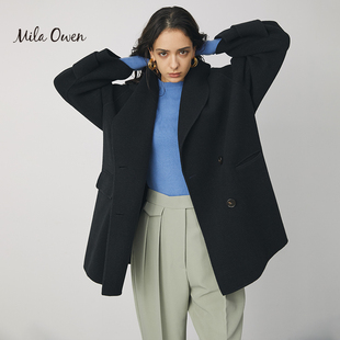 Mila Owen 冬季简约休闲气质通勤宽松廓形双排扣羊毛呢大衣女