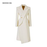 maggiema马婧设计师款大衣，乳白斜门襟一粒扣羊毛修身呢子x型外套