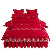 高档欧式四件套床裙款婚庆，大红色夹棉夏天蕾丝花边公主风1.8m床上