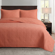外贸绣花桔色纯棉衍缝被美式床盖，三件套全棉绗缝被空调被夹棉床单