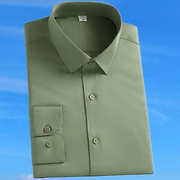 军绿色弹力衬衫男长袖修身免烫，丝滑抗皱商务，休闲牛油果绿上衣大码