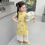 新中式夏季女童旗袍裙裤，套装儿童百搭古风，印花服装中小童短袖裤子