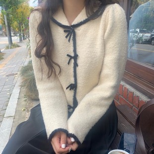 韩国chic秋冬法式气质拼色蝴蝶结可爱减龄娃娃领泡泡袖毛衣外套女
