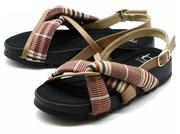 日本日系格子条纹，布面交叉皮带民族风镂空露趾凉鞋平底女鞋