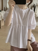 韩国高腰衬衫女夏季大码宽松显瘦褶皱小清新喇叭袖娃娃衫短袖上衣