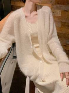 秋冬季中长款金丝马海毛针织开衫女复古温柔薄款白色毛衣外套上衣
