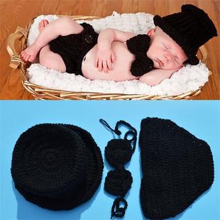 满月宝宝摄影服装 毛线编织儿童黑色绅士三件套婴儿服饰