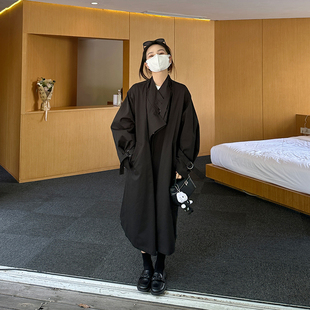 金苏一黑色风衣女2024春秋韩版宽松小众设计中长款外套小个子大衣
