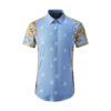 欧美轻奢男装玫瑰花植物花卉印花短袖，衬衫蓝条纹，拼接时尚修身衬衣
