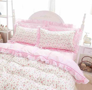 全棉韩式床单1j5m18米，四件套田园小碎花，公主风蕾丝被套粉色