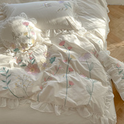 田园花卉全棉水洗棉四件套少女心荷叶花边被套床单纯棉床上用