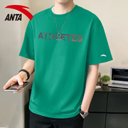 安踏短袖T恤男夏季美式复古ins潮字母宽松半袖绿色潮流上衣