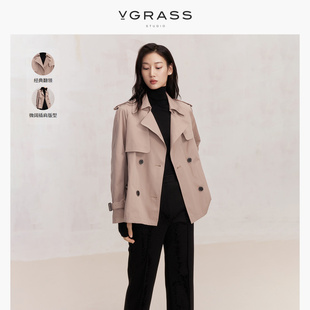 VGRASS晨蔼粉色双排扣短外套春季设计感立体剪裁英伦风衣女