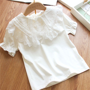 韩版女童泡泡袖t恤22夏季纯棉蕾丝，翻领打底衫吸汗体恤上衣100-150