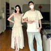 小众设计感情侣装夏季2024韩版短袖，t恤女连衣裙，法式一裙一衣ins潮