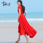 夏季红色雪纺连衣裙女长款到脚踝2024年纯色超长短袖大摆裙子