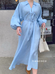 两色100%亚麻蓝色粉色，绑带a型，长款长裙连衣裙tiancoco