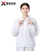 工作服白色蓝色静电衣，上衣带拉链短款防静衣服带帽子