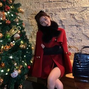 韩版领毛呢大衣气质年战袍带毛短款冬季斗篷外套女新红色披肩