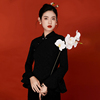年会气质旗袍2023年女秋季中国风荷叶长袖日常改良黑色连衣裙