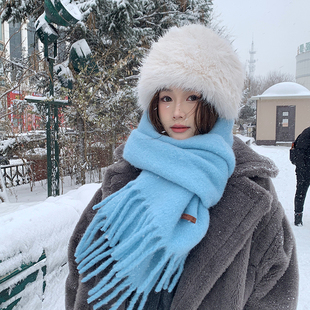 冰岛海盐蓝色围巾女冬季高级感纯色百搭羊毛，围脖男保暖仿羊绒披肩
