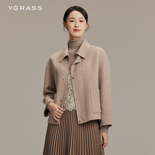 原色系列VGRASS纯手工精纺燕麦色大衣毛呢外套女VSD1N42200