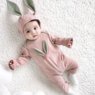 婴儿套装秋冬款女宝宝三个月宝宝兔耳朵冬装连体衣家居服睡衣1036