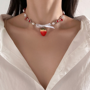 仿珍珠水晶草莓项链女欧美夏季潮甜美可爱软妹气质锁骨链配饰