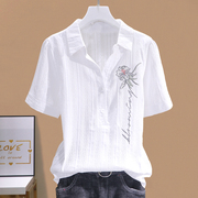 夏季简约刺绣棉布衬衫，2023韩版套头polo领衬衣女，上衣百搭时尚减龄
